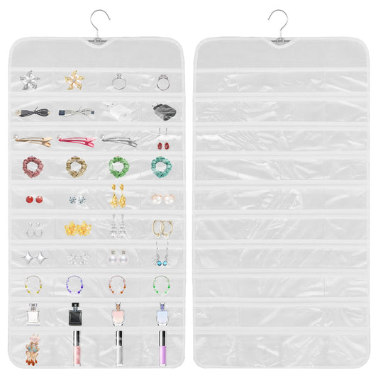 KALIONE Hanging Earring Hanger Hanging Wardrobe Jewellery Organiser, Double Sides Pockets Earring Display Hanging 80 Clear Organizer Storage Holder Bag for Jewellery Earrings Necklaces (White)
