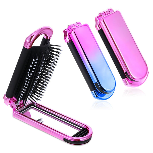 Travel Hair Brush with Mirror,2 Pack Folding Wet Hair Brush Travel Size Hair Massage Comb Compact Hair Brush Foldable Pocket Hair Brush for Women and Men, Hair Styling Tools (Pink & Gradient)