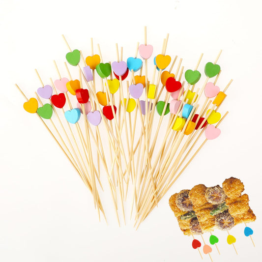 100 Pcs Cocktail Sticks Wooden Bamboo Toothpicks for Appetizers Heart-Shaped Bamboo Cocktail Picks Fruit Toothpicks Cute Handmade Bamboo Skewers for Sandwich, Drinks, Food, Fruit Cake Dessert 4.7 Inch