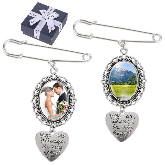 2 Sets Wedding Bouquet Photo Charms, Personalized You Are Always in My Heart Tassel Photo Charm Brooch Memory Photo Pendant Single Lacy Frame DIY Brooch Making Kit for Bride Wedding Shower Party