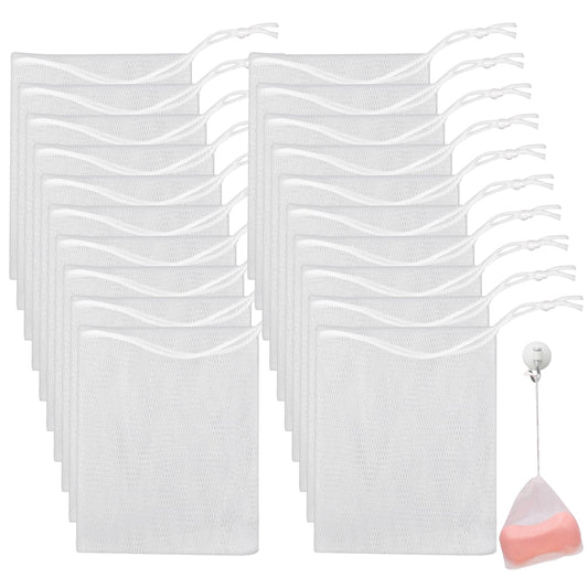 Mozeat Lens 20PCS Mesh Soap Saver Pouch Nylon Facial Cleanser Foaming Net Soap Bag Soft for Shower Double-Layer Soap Saver Bag with Drawstring Mesh Soap Pouch Saver for Foaming and Drying