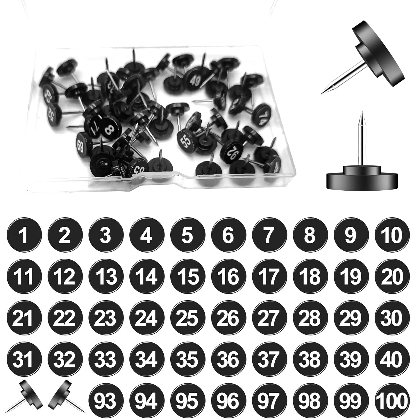 100 Pcs Black Number Map Pins Numbered Plastic Pins Flat Number Pins Black Thumb Tacks for Picture Photos Notes Postcards Presentations