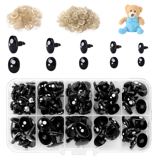 200pcs Safety Eyes for Amigurumi,5 Sizes Kawaii Safety Eyes Resin Plastic Doll Eyes with Washers Craft Eyes Black Stuffed Toy Eyes Plastic Safety Crochet Eyes for Doll Puppet,Plush Animal Making