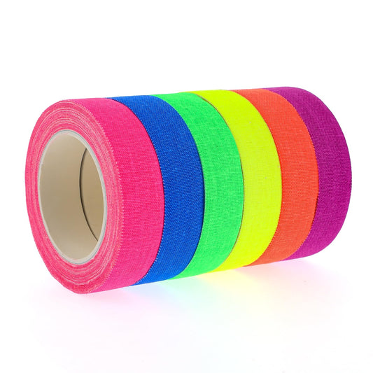Hariendny 6 Pcs Neon Gaffer Cloth Tape Fluorescent Colors Cloth Tape Black Light Adhesive Tape Sets Neon Party Decorations 6 Colors Neon Masking Tape 0.6 inch x 16.5 feet Neon Accessories for Party