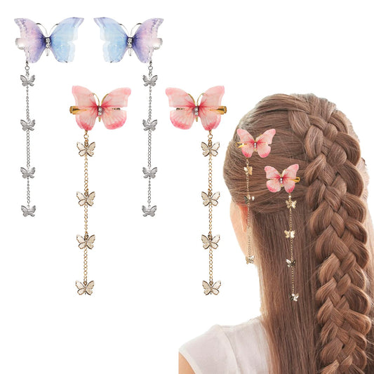 2 Pair Butterfly Hair Clips,Fabric Butterfly Tassel Bobby Pins Butter Fly Hairpin Cute Rhinestone Hair Barrettes Party Hair Accessories for Girls,Detachable Hair Pin of Wedding Accessories