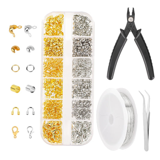 KALIONE Crimping Beads Kit Crimp Clasps Ends for Jewelry Making, Wire Ring Kit, Lobster Clasps, Jump Rings, Crimp Beads Covers, Crimp Tubes Wire Guardians with Pliers and Beading (1200 Pcs)