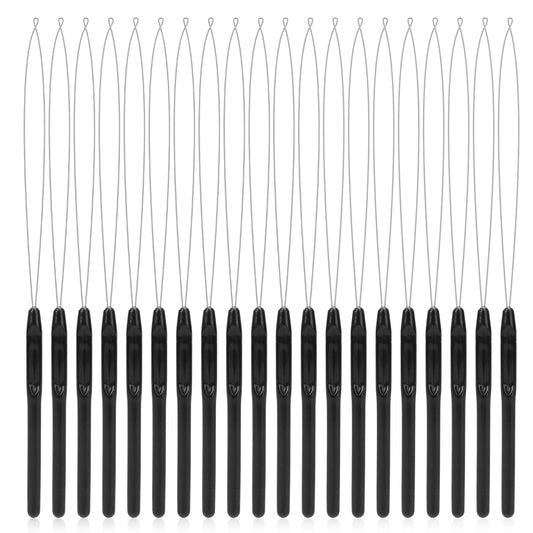 20Pcs Hair Extension Loop Needle Threader Wire Pulling Hook Tool for Hair Extension, Black Loop Threader for Hair Feather, Bead and Hair Extensions Loop Tools