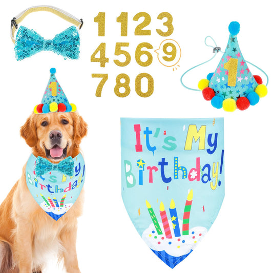 Dog Birthday Party Supplies, Dog Bandana Hat Set for Birthday Party Supply, Dog Boy Girl Birthday Party Hat with Numbers Bow Tie Blue Dog Birthday Outfit for Large Medium Small Dogs Pet, Blue