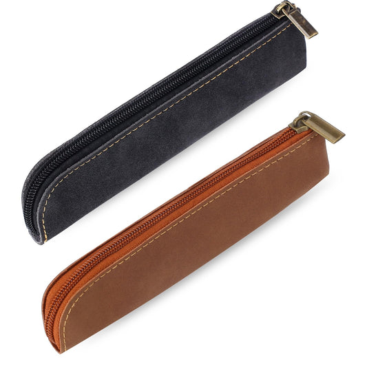 Leather Pencil Pouch, 2 Pcs Slim Pencil Case Portable Small Pencil Case Flat Soft Pencil Bags with Zipper Simple Makeup Bag Lipstick Case for Women Men Home, Office, Travel Outdoor (Black, Brown)