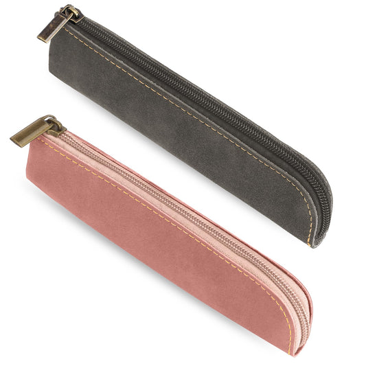 Mozeat Lens Leather Pencil Pouch, 2 PCS Small Aesthetic Pencil Case Portable Zipper Bag Vintage Pencil Organizer Stationery Pouch Bag for Pens, Markers, Makeups, Change, Slim Design (Pink & Grey)