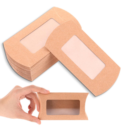 40PCS Mini Packaging Box with Clear Window Brown Kraft Paper Pillow Gift Boxes 5 x 3 x 0.8 inches Favor Boxes Candy chocolate bar Packaging Box Treat Box for Birthday Wedding Party