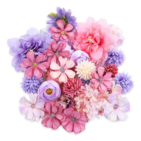 30 PCS Artificial Flowers Heads, Purple Flowers Mix Silk Flower, Mini Flower Rose Daisy Multicolor Flowerss, Fake Daisy Heads Bulk Silk Faux Rose DIY Cake Decor