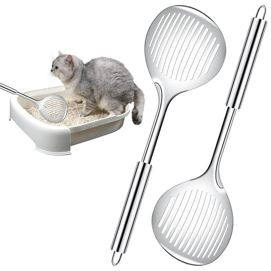 KALIONE 2 Packs Metal Cat Litter Scooper, Cat Litter Scoop for Kitty Litter Box, Stainless Steel Cat Poop Scoop, Large Kitty Tray Scoop with Long Handle for Indoor Cats Pet Accessories, Easy to Clean