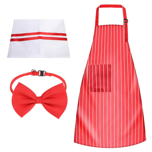 Waiter Costume Kit, 3 Pcs Adult Carnival Costume 1950s Red and White Striped Soda Jerk Server Apron with 2 Pockets Chef Hat Red Bow Ties Adjustable for 1950s Carnivals Cosplay Costume Circus Party