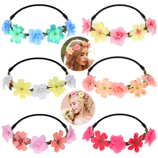 Pack of 6 Flower Crowns for Women, Flower Girl Headwear, Fairy Crown, Bridesmaid, Wedding Headpiece, Adjustable Flower Headband, Boho Flower Headbands for Party, Wedding, Beach