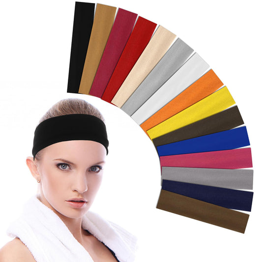 Headbands for Women Non Slip - 15Pcs Soft Cotton Cloth Stretchy Sweat Headbands Yoga Elastic Head Bands Workout Hairbands Girls Accessories Women's Hair Band for Workout Yoga Running