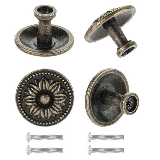 Mozeat Lens 4 Pack Bronze Drawer Knobs Vintage Dresser Pulls and Knobs Metal Flower Drawer Pulls Cabinet Knobs Furniture Handles for Dresser, Drawer, Cupboard, Wardrobe, 35mm Diameter