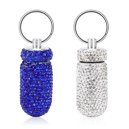 KALIONE 2 Pack Bling Rhinestones Keychain Pill Holder,Waterproof Pill Case for Purse,Small Pill Container, Reusable Travel Pill Cases,Portable Pill Case with Keychain for Outdoor Traveling(White,Blue)