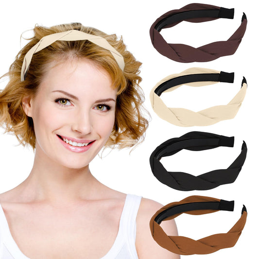 KALIONE 4 Pcs Braided Headband Fashion Headbands for Women Girls Non-Slip Headbands Solid Colors Wide Hairband Fabric Knotted Headbands for Thick Thin Hair Accessories