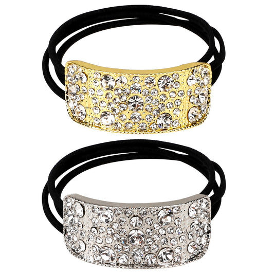 2pcs Hair Band Rhinestone Hair Ties Ponytail Holder Elastic Bling Crystal Gold and Silver Ponytail Cuff Stretchy Glitter Hair Ties Fancy Decorative Hair Ties Diamond Fancy Hair Accessories