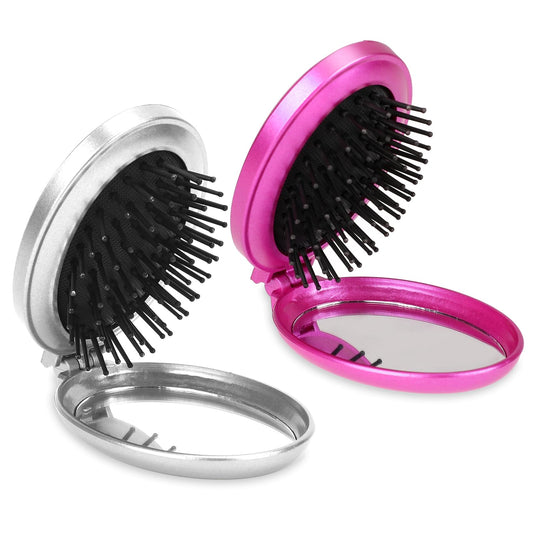 Mini Hair Brush with Mirror,2 Pack Elliptical Folding Hair Brush Travel Size Hair Comb Compact Hair Brushes Pocket Hair Brush Hair Styling Tools Travel Brush for Women (Purple & Silver)
