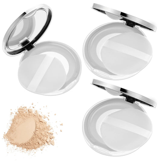 3 Pieces Empty Loose Powder Box with Powder Puff Refillable Loose Powder Box Portable DIY Makeup Case with Mirror and Mesh Sieve Travel Powder Container Makeup Case Kit for Girls
