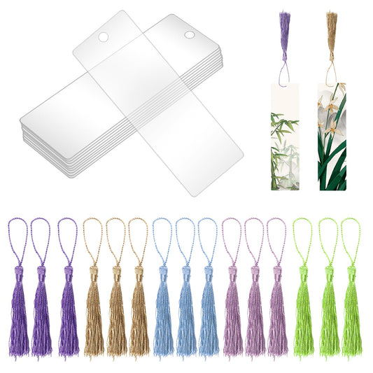 15Pcs DIY Bookmarks Blank Clear Acrylic Bookmarks Rectangle Acrylic Book Markers with 15Pcs Small Bookmark Tassels Suitable for Graduation DIY Projects Christmas Halloween Birthday