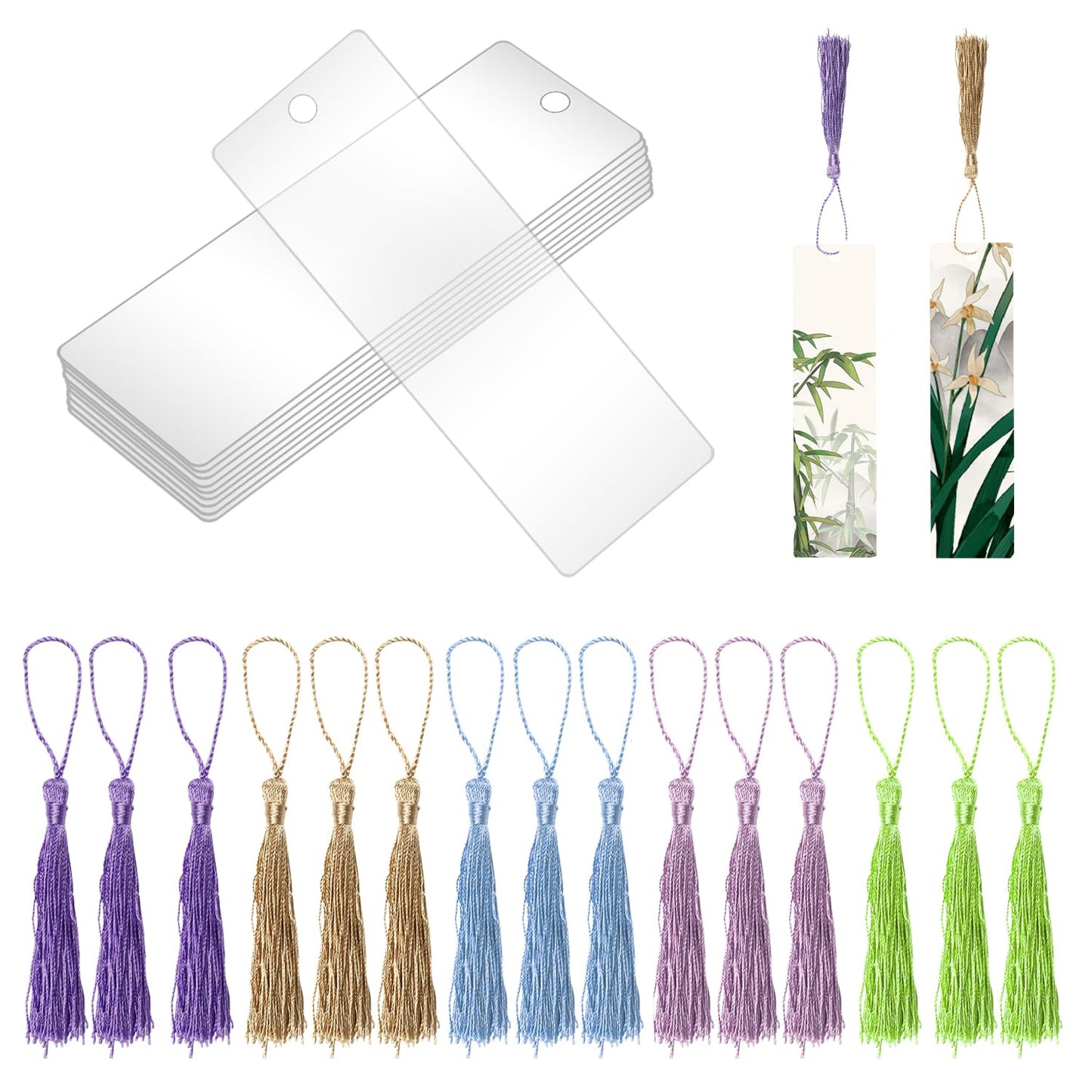 15Pcs DIY Bookmarks Blank Clear Acrylic Bookmarks Rectangle Acrylic Book Markers with 15Pcs Small Bookmark Tassels Suitable for Graduation DIY Projects Christmas Halloween Birthday