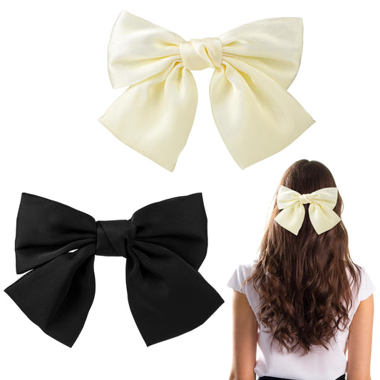 2PCS Bow Hair Clip Satin French Solid Color Hair Bows Vintage Soft Silky Short Bow Hairpin for Women (White + Black)