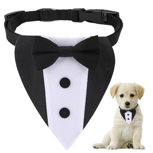 Dog Tuxedo Wedding Bandana Collar with Bow Tie Adjustable Dog Tuxedo Suit Formal Dog Costumes Pet Party Tux for Small Medium Large Dogs Pets(Mini: Neck 9.4”-15.7”)