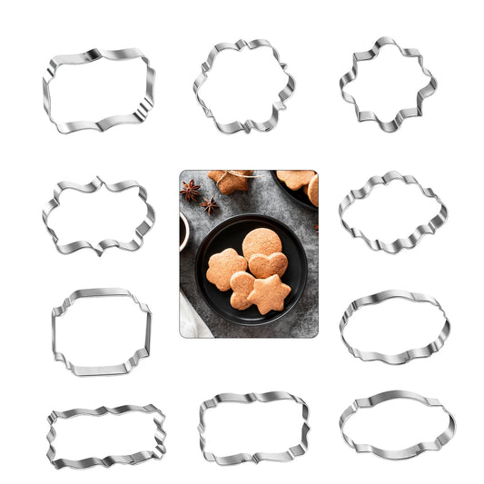 10 Pieces Cookie Cutters Plaque Different Frame Fondant Cookie Cutters Stainless Steel Cookie Cutters Set for Baking Birthday Wedding Baby Shower Cookie Fondant Decorations