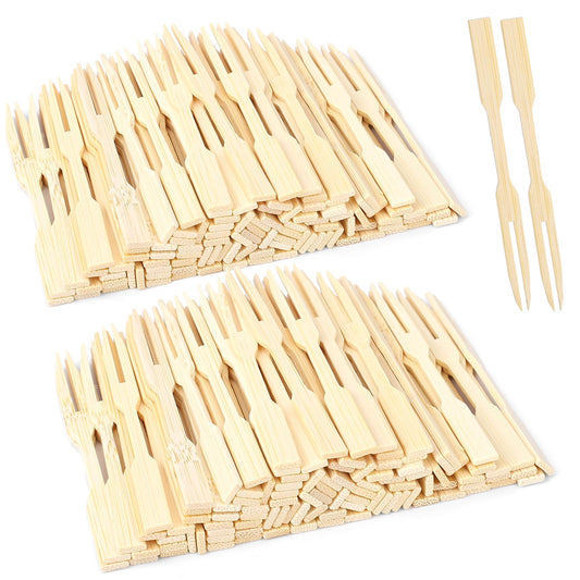 200pcs Wooden Fruit Forks Two Prong Fork,Bamboo Cocktail Forks Paddle Wooden Skewers,Fancy Flat Toothpicks for Appetizers Forks Mini,Fruit Skewers Charcuterie Picks 3.5 Inch Natural Bamboo Forks