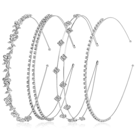 4 Pack Silver Rhinestone Bridal Headband, Flower Leaves Girl Crystal Head Band, Fancy Wedding Headband, Thin Silver Metallic Head Band for Bridal Wedding Hair Accessories