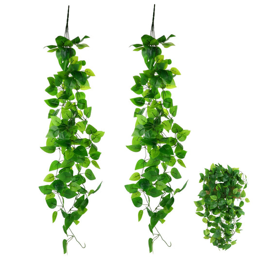 2Pcs Artificial Hanging Plants Plastic Macrame Rattan Fake Ivy Vine Faux Pothos Hanging Plant Wall Decor for Bedroom Living Room Garden Porch Wedding Garland Indoor Outdoor Leaves Decor, No Basket