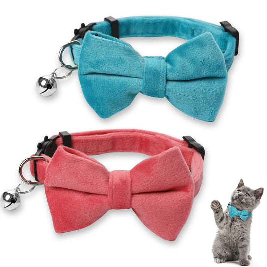 2 Pcs Velvet Cat Collar with Bell and Bowtie Adjustable Kitten Small Puppy Safety Bow Tie Breakaway Cat Collars Solid Basic Color Cat Bow Tie Collar