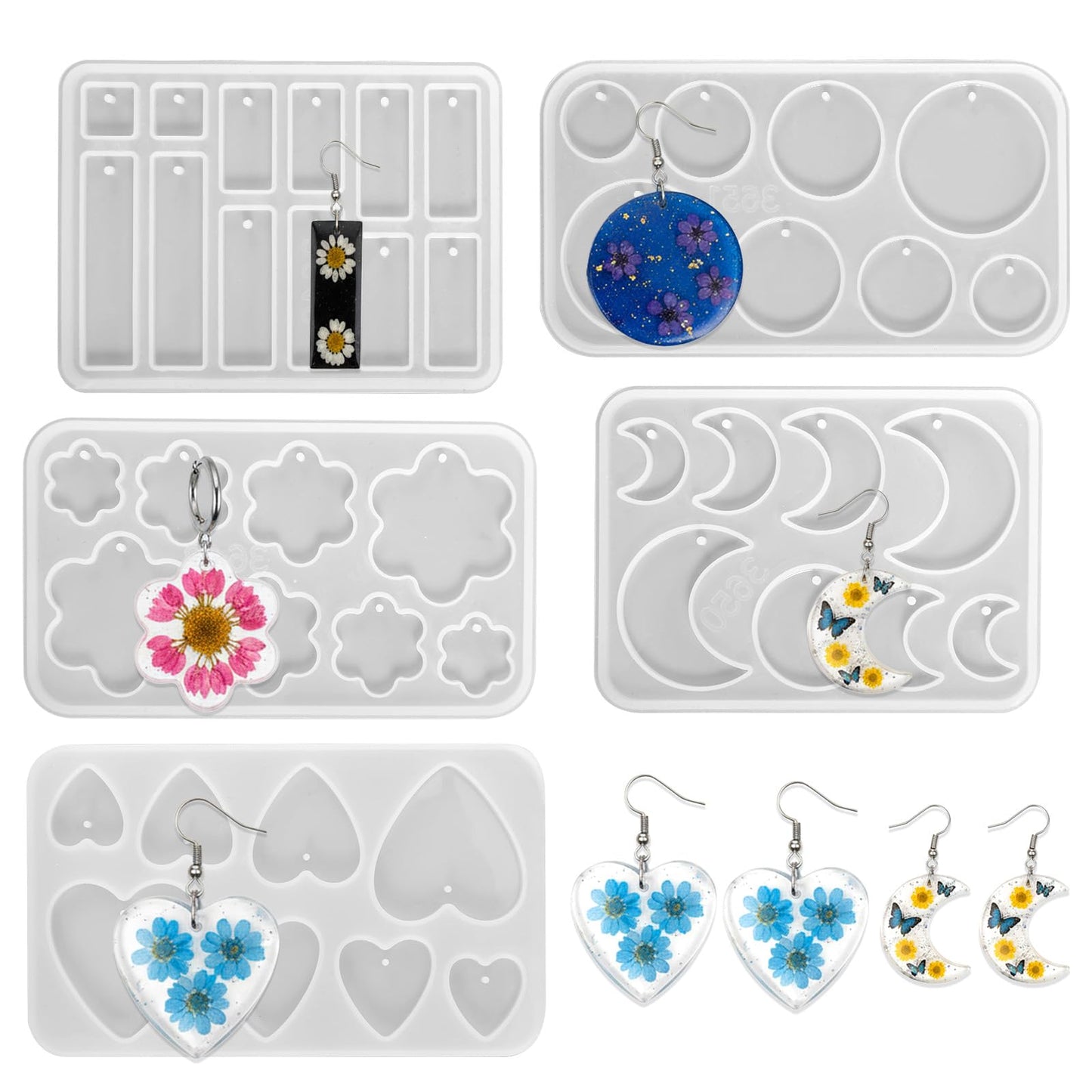 Skrfren Resin Earring Mold with Holes, 5 Pieces Stud Dangle Drop Earrings Resin Molds with Hole Silicone Pendant Epoxy Molds for Earrings, Necklace, Pendants, Keychains