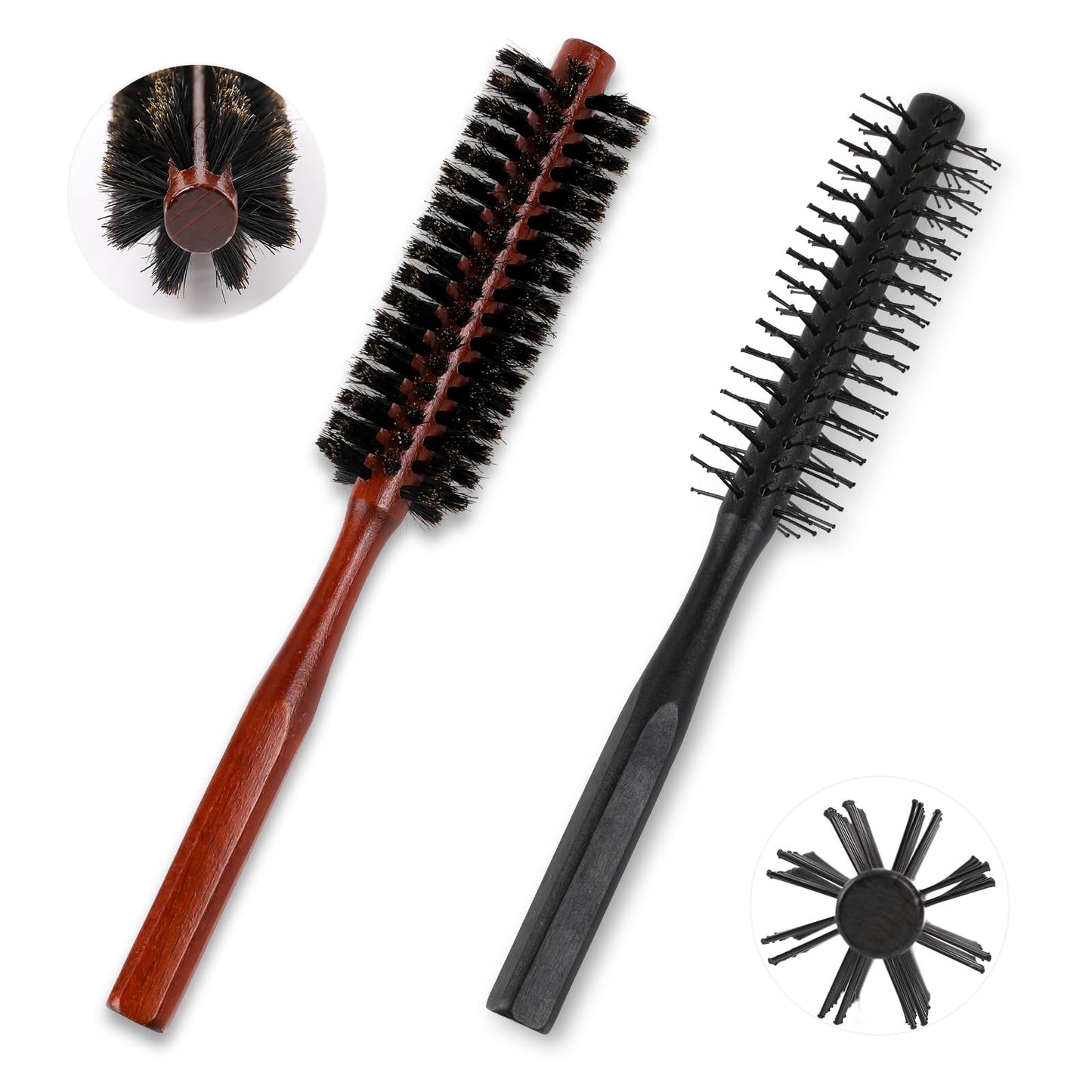 Small Round Curling Brush, Boar Bristle Rolling Brush Travel Round Brush for Blow Drying Nylon Bristles Hair Comb with Wood Handle, Roller Hairbrush for Women, Beard Brush for Men (2 Pcs)