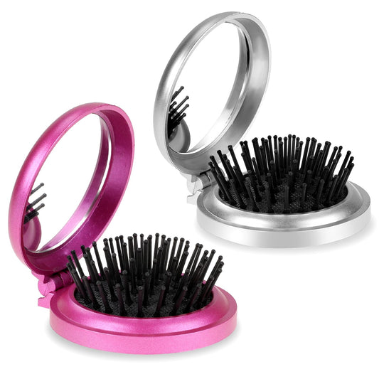 Folding Hair Brush with Mirror,2 Pack Round Mini Hair Brush Travel Size Hair Massage Comb Compact Hair Brush Pocket Hair Brush Portable Hair Styling Tools Travel Brush for Women (Purple & Silver)