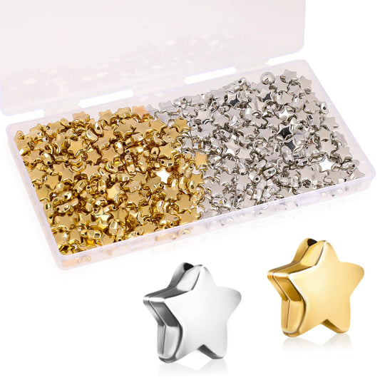 400pcs Star Spacer Beads 10mm Star Shape Spacer Beads Acrylic Lovely Large Hole Star Loose Beads Star Beads Charms Bulk for DIY Necklace, Bracelet, Earring Craft, Gold/Silver