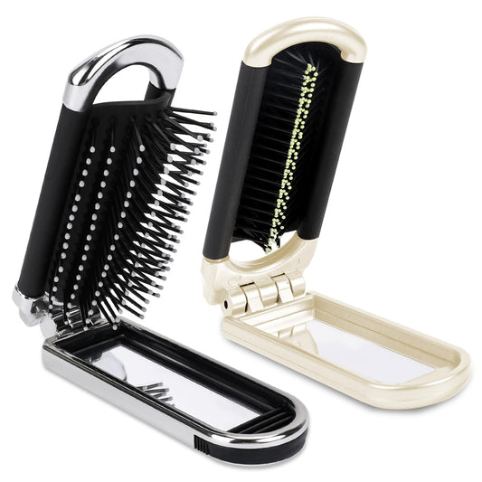 Travel Hair Brush with Mirror, 2 Pcs Portable Folding Hair Brush Collapsable Pocket Size Brush Mini Travel Brush Compact Massage Comb Hair Styling Tool for Women and Men (Cream & Silver)