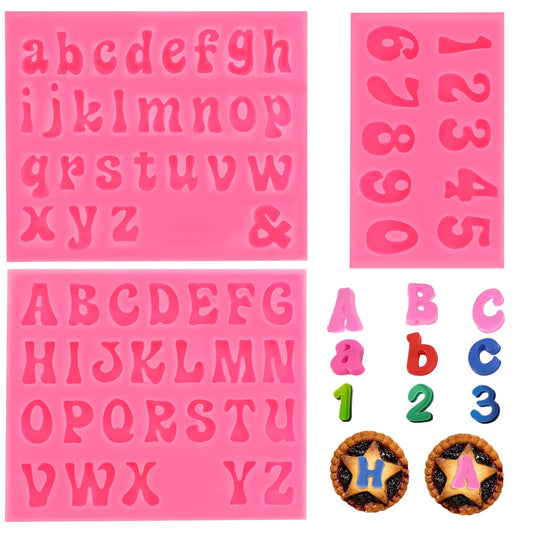 3PCS Letter Molds for Chocolate, Silicone Fondant Molds 0-9 Number Molds Reusable Uppercase Lowercase Alphabet Chocolate Molds for Baking Desserts Birthday Cake Decoration Candy Gummy Ice Cube Tray