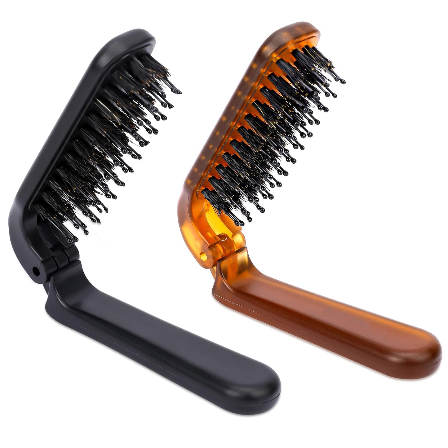 Travel Folding Hair Brush, 2 Pcs Mini Foldable Brush Boar Bristle Hair Brush Portable Pocket Hair Brush Collapsable Hair Brush for Women Men (Black & Amber)