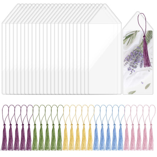 25Pcs Bookmark Sleeves Clear Plastic Bookmark Covers with Tassels Vinyl Book Marker Cover Holder for 2 x 6 Inches Photo Strips Wedding Valentine's Day Gift
