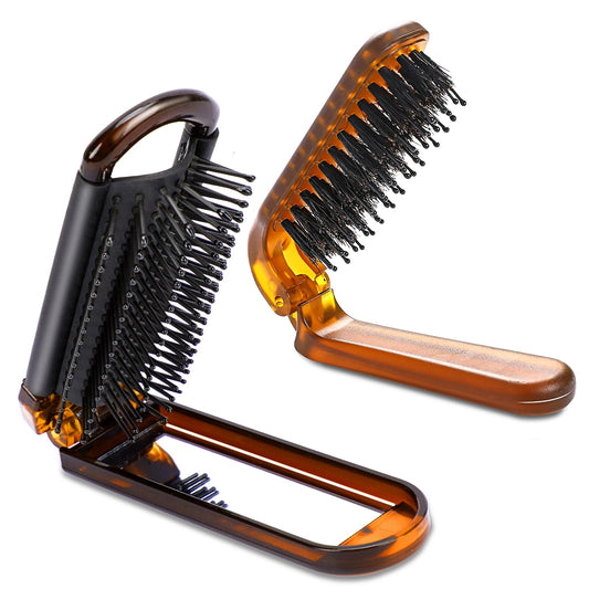 Travel Hair Brush,2 Pcs Foldable Hair Brush Bristle Hair Comb Folding Brush Portable Pocket Boar Bristle Hair Brush and Collapsable Hair Brush Mini Hair Brush with Mirror for Thick Thin Hair