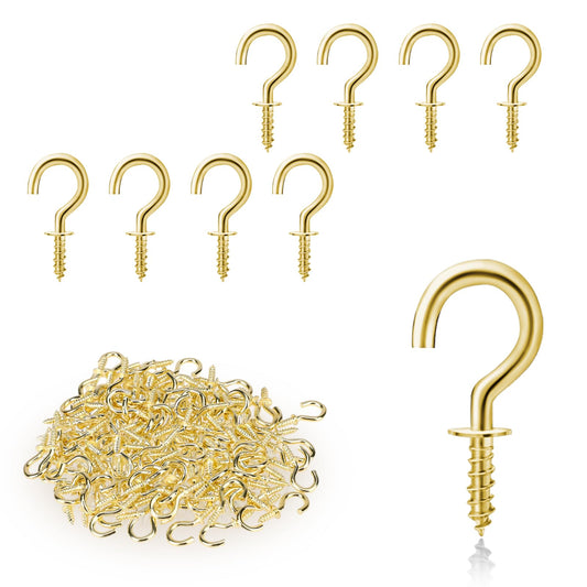 KALIONE 100 Pack Small Hooks, Small Screw Hooks, Small Hooks for Hanging, Tiny Screws in Hooks, Metal Ceiling Screw Hooks, Ceiling Hooks for Hanging Plants, 0.5 in ch Screw-in Cup Hooks Kit, Gold