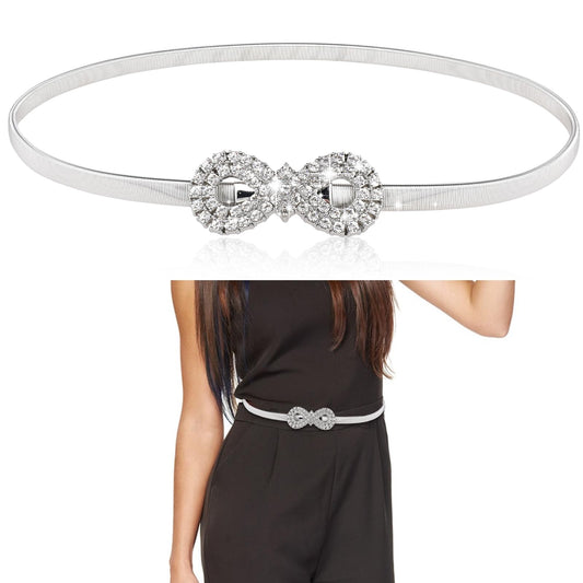 KALIONE Women's Rhinestone Belt, Elastic Skinny Metal Waist Belt Silver Stretch Chain Belt for Women Girls Dresses Jeans