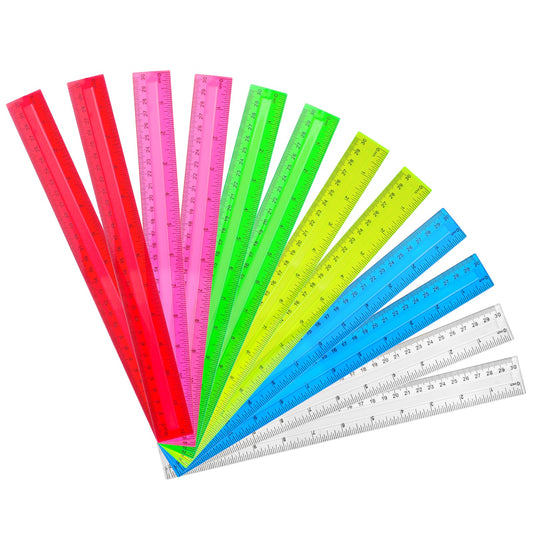 30cm Rulers Pack 12Pcs Colorful Rulers Plastic School Ruler Multipack Flexible Clear Rulers with Inches and Centimeters Shatter Resistant Straight Ruler for School Students Classroom Office, 6 Color