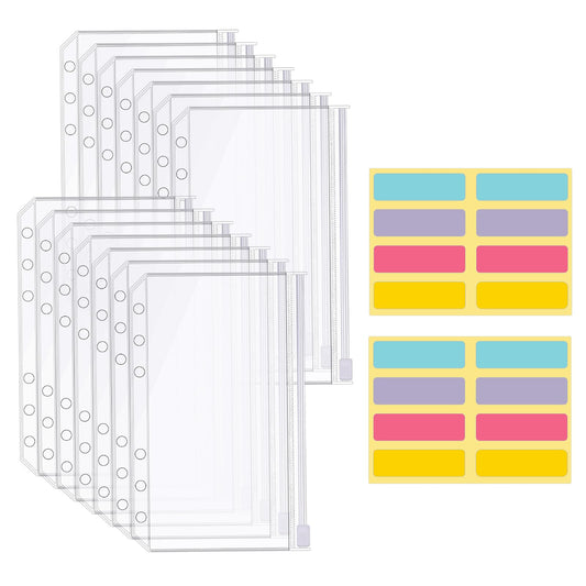 KALIONE 12 Packs A6 Binder Pockets, A6 Plastic Folders Wallet with Label Sticker, Pvc Cash Envelopes with 6 Holes, Waterproof Loose Leaf Budget Binder Money Bags with Zipper for Money Cash Cards Files