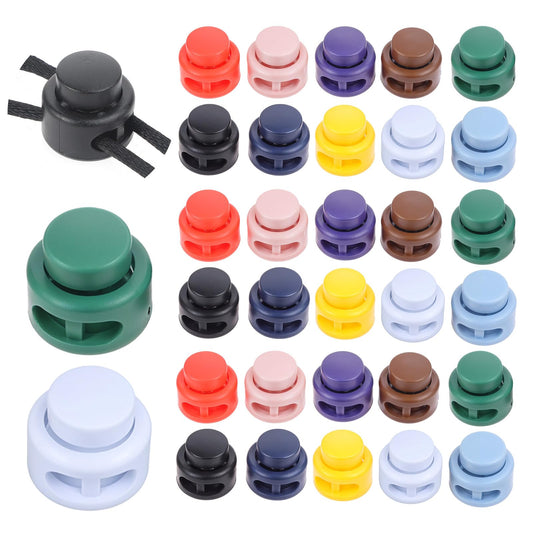 30 PCS Plastic Cord Locks Spring Cord Lock Toggle Stopper Double Hole Cord End Stopper Fastener Slider Elastic Cord Adjuster for No Tie Shoelaces Drawstrings Bags(Colorful)