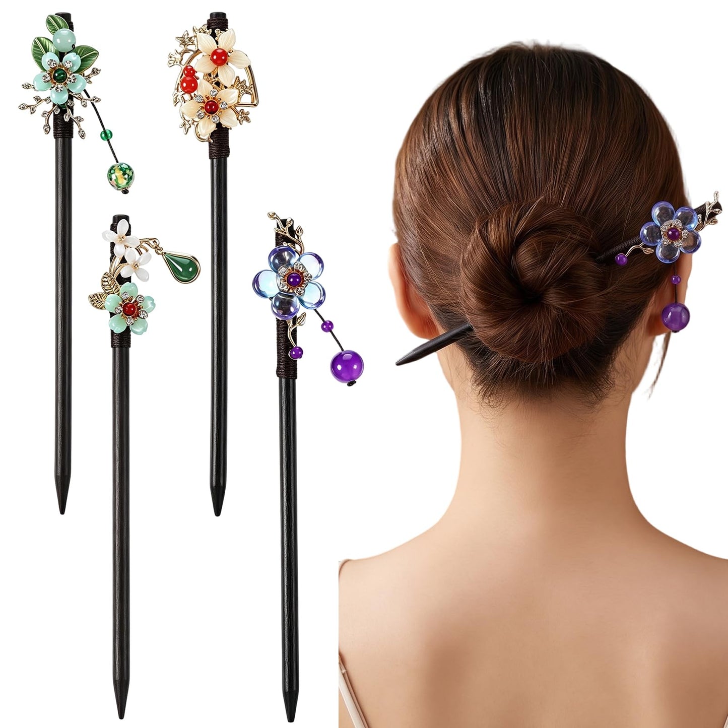 4 Pack Japanese Chinese Hair Pin, Asian Hair Accessories for Women